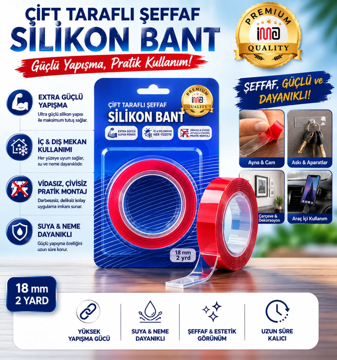 Çift Taraflı Şeffaf Silikon Bant 18 mm 2 Yard Güçlü Yapışkanlı Nano Bant İz Bırakmaz