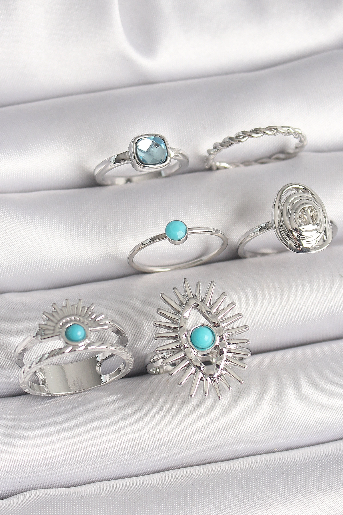 Pirinç Gümüş Renk Mavi Taşlı Kare Zirkon Taş Detaylı Kadın Yüzük Kombini