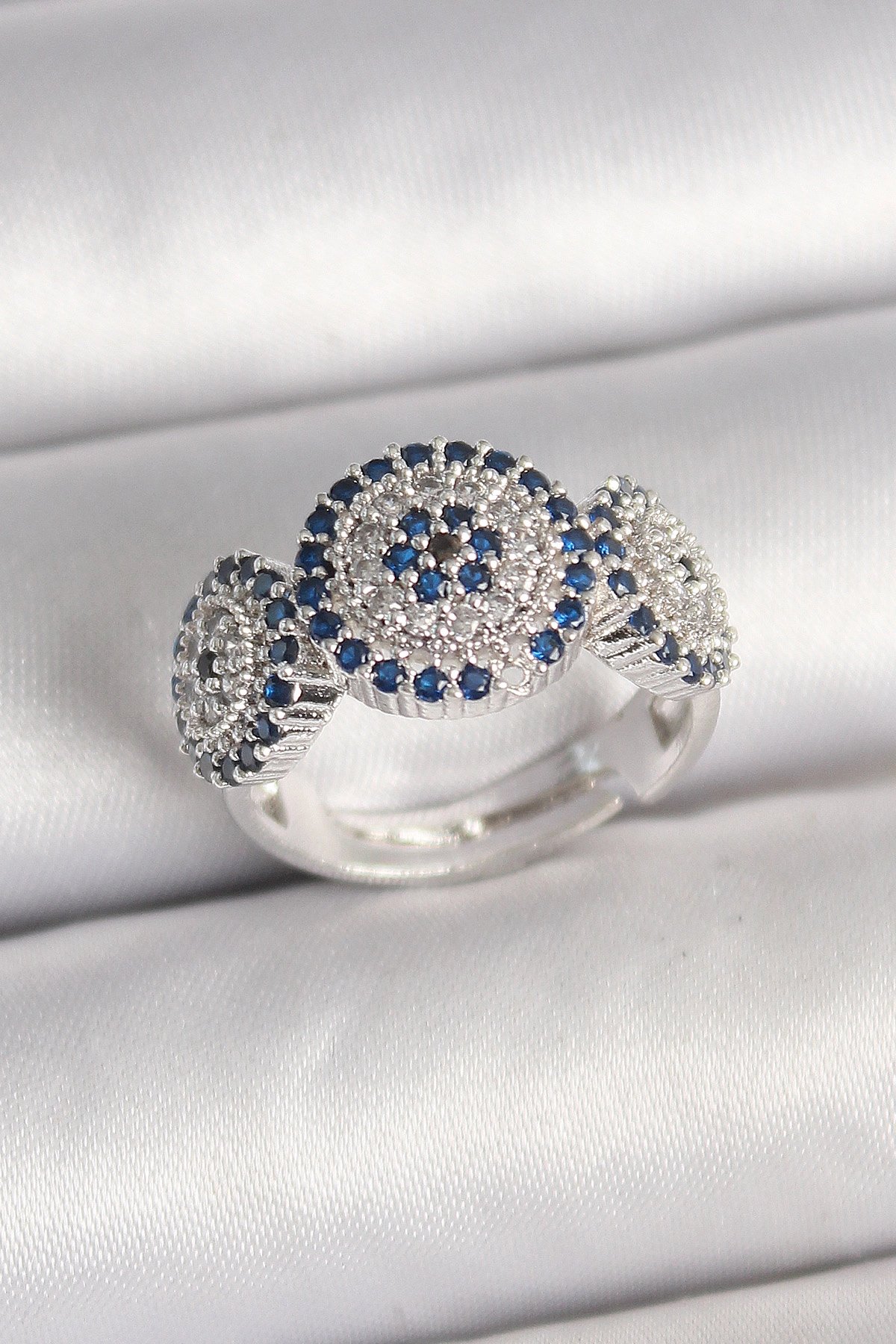 Pirinç Gümüş Renk Zirkon Taşlı Nazar Boncuk Model Ayarlanabilir Kadın Yüzük