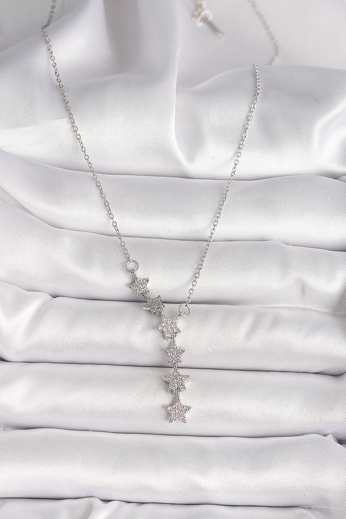 316L Çelik Gümüş Renk Zincir Zirkon Taşlı Yıldız Model Kadın Kolye