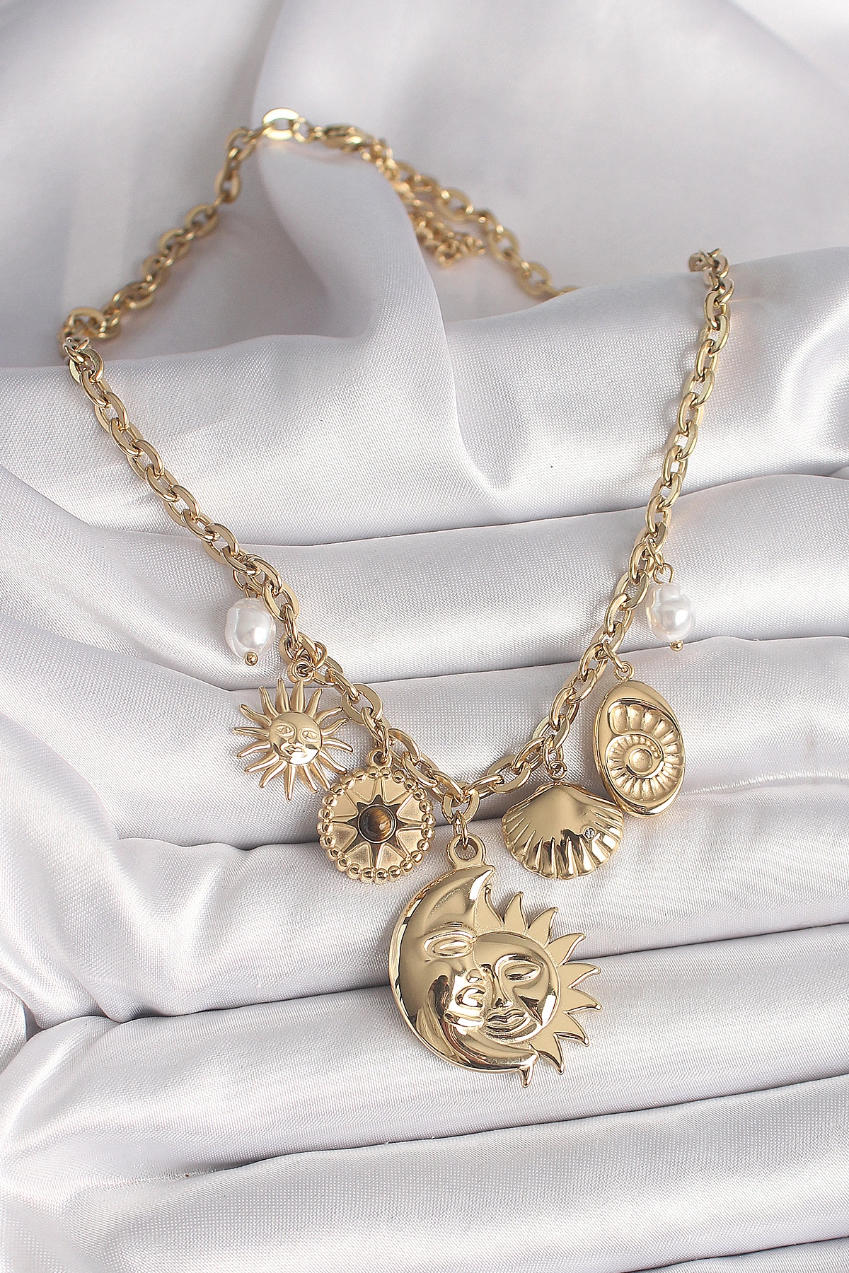 316L Çelik Gold Renk Ay Güneş Figür Deniz Kabuğu Detay Kadın Kolye