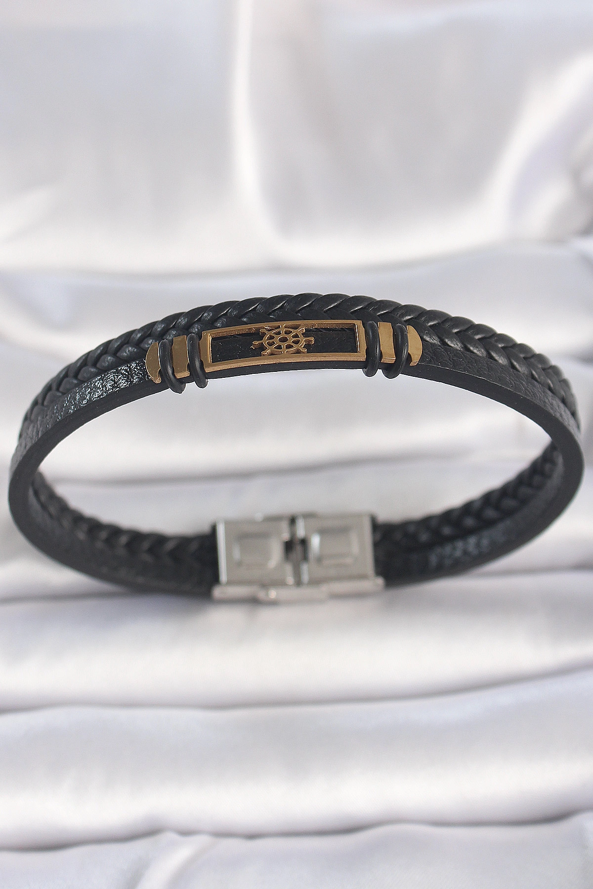 316L Çelik Gold Renk Gemi Dümeni Aksesuarlı Çift Sıra Burgu Desenli Deri Kordon Erkek Bileklik