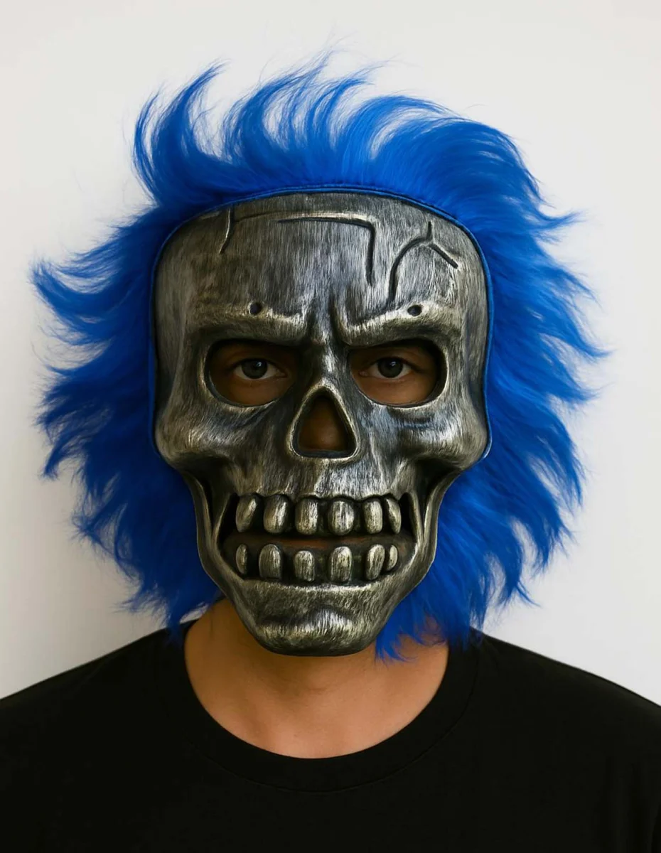 Wild Skull - Gümüş Kafatası Mavi Saçlı İskelet Maske
