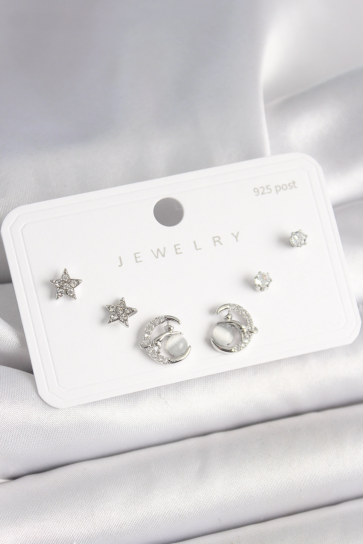 925 Ayar Gümüş Çivi Zirkon Taşlı Hilal Yıldız Model Kadın Küpe Seti