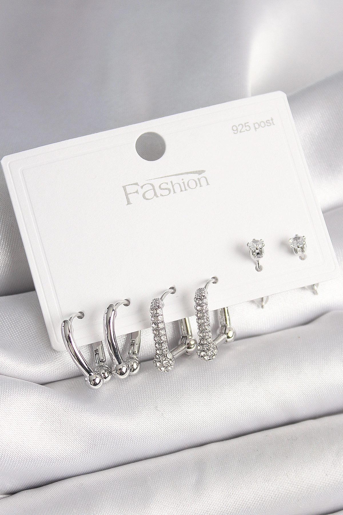 925 Ayar Gümüş Çivi Pirinç Gümüş Renk Zirkon Taşlı Tiffany Halka Model Kadın Küpe Seti