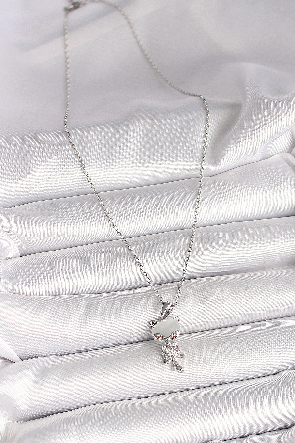 316L Çelik Gümüş Renk Zincir Zirkon Taşlı Kedi Model Kadın Kolye