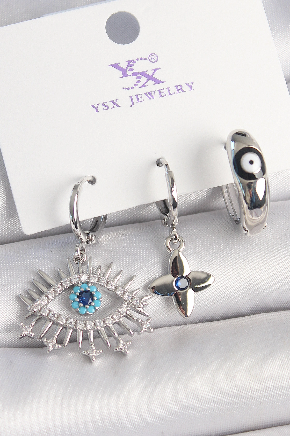 Pirinç Gümüş Renk Zirkon Taşlı Göz Model Nazar Boncuk Detay 3'Lü Kadın Kombin Küpe