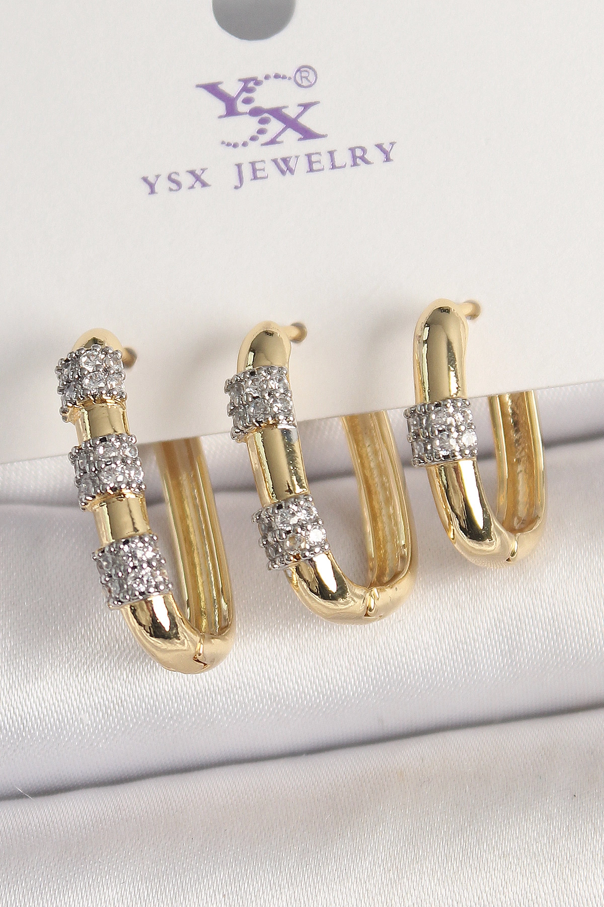 Pirinç Gold Renk 3'Lü Halka Model Gümüş Zirkon Taş Detaylı Kadın Kombin Küpe