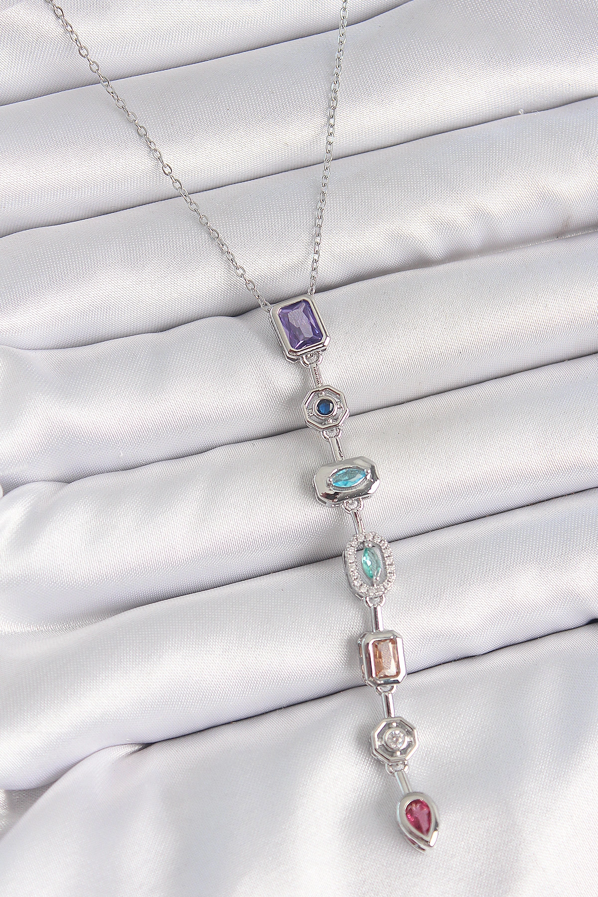 316L Çelik Gümüş Renk Zincir Zirkon Taşlı Y Model Dekolte Kadın Kolye