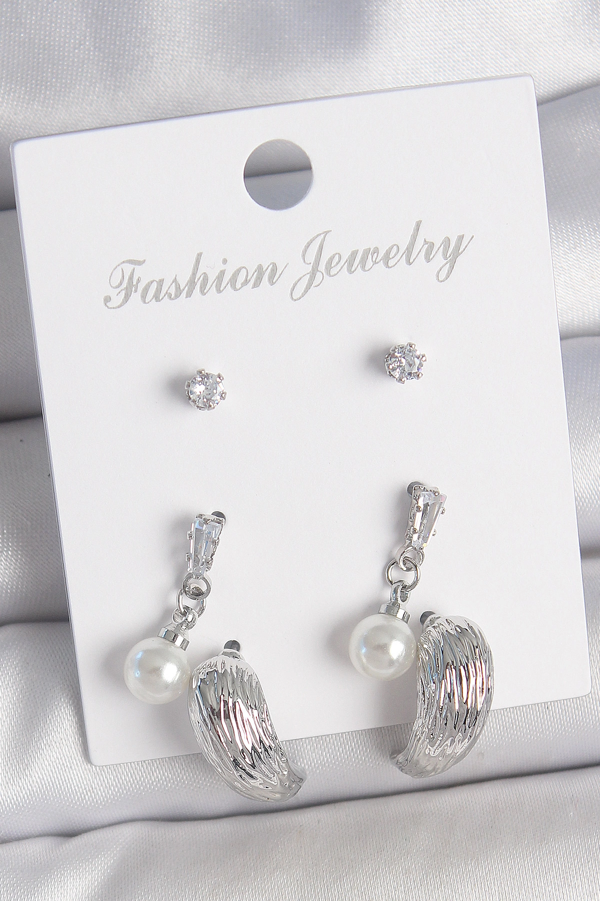 Pirinç Gümüş Renk Sallantılı Zirkon Taşlı Damla Model 3 Çift Kadın Küpe Seti