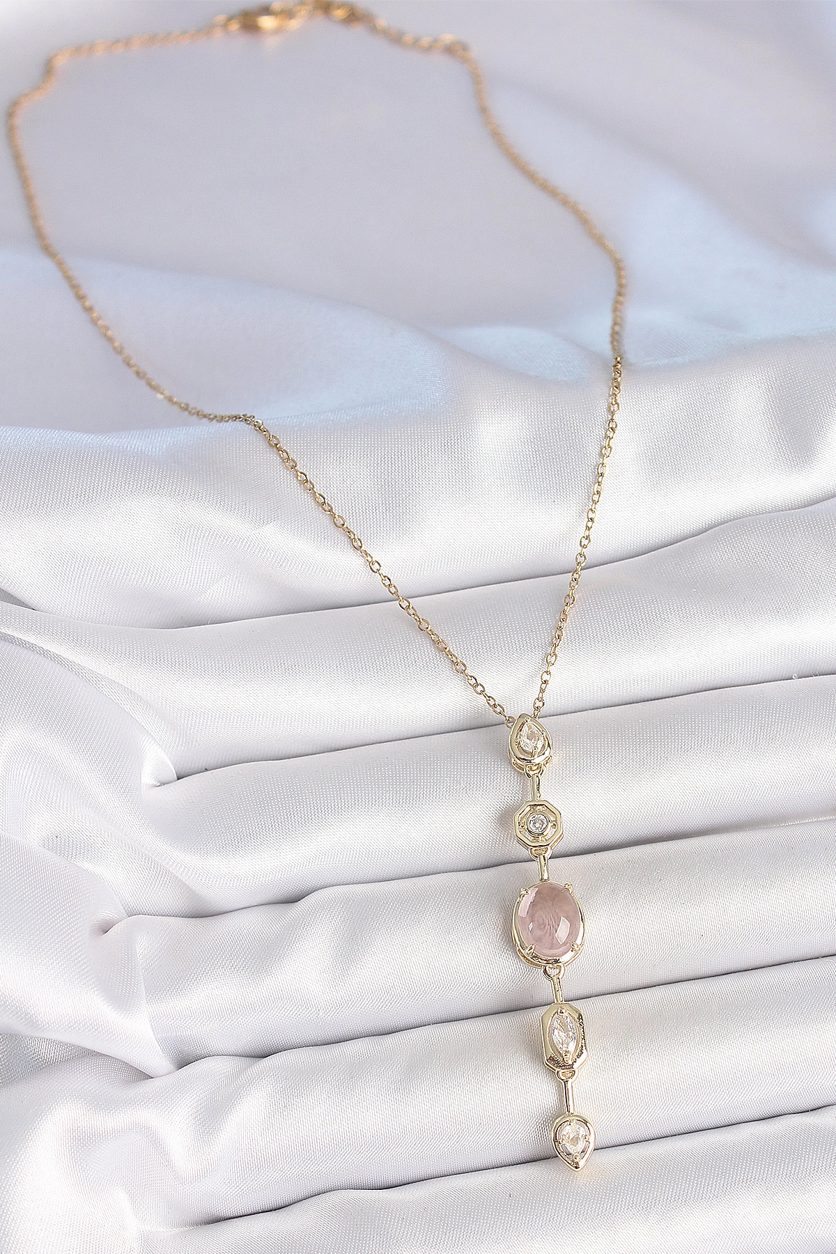 316L Çelik Zincir Gold Renk Pembe Zirkon Taşlı Y Kolye