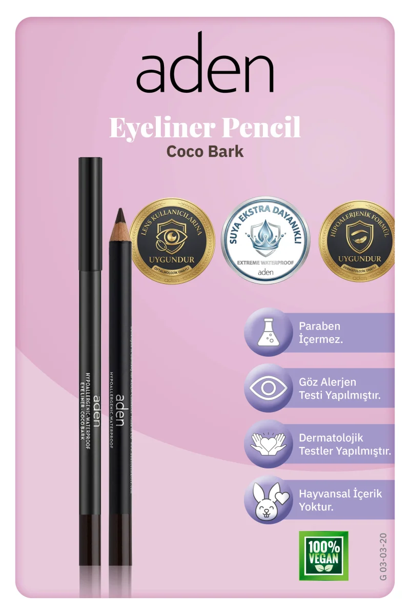 Aden Eyeliner Pencil Waterproof - Suya Dayanıklı Eyeliner Kalem 20 Coco Bark(Kakao Kabuğu)