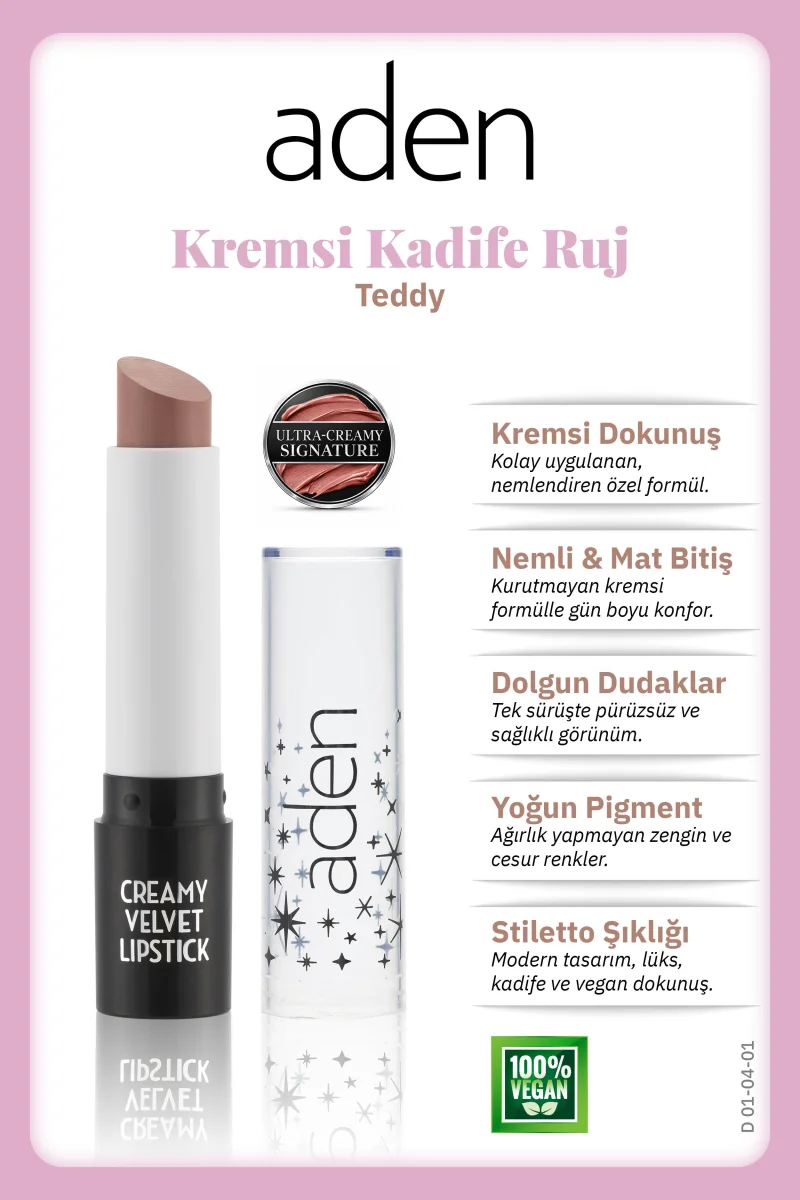Aden Creamy Velvet Lipstick - Kremsi Kadife Ruj 01 Teddy(Sütlü Kahve)