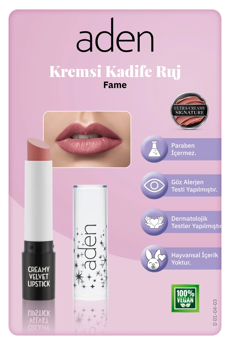 Aden Creamy Velvet Lipstick - Kremsi Kadife Ruj 03 Fame(Gül Beji)