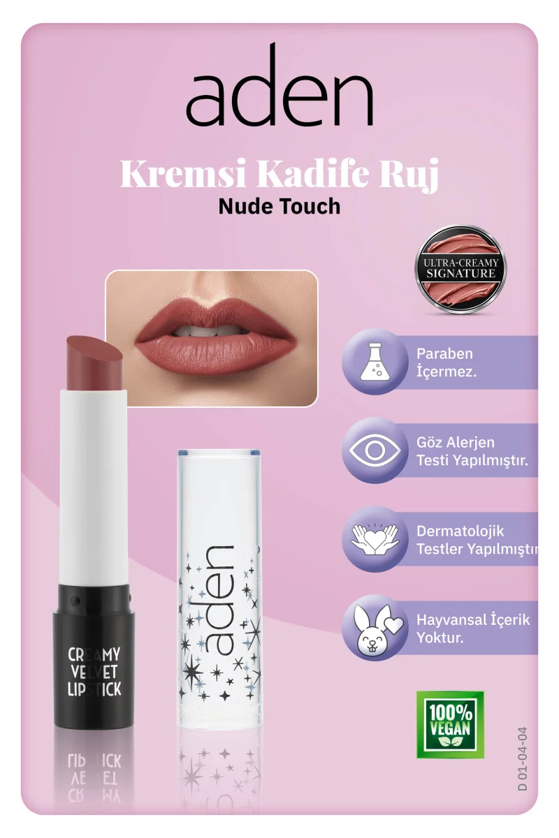 Aden Creamy Velvet Lipstick - Kremsi Kadife Ruj 04 Nude Touch(Gül Kahvesi)
