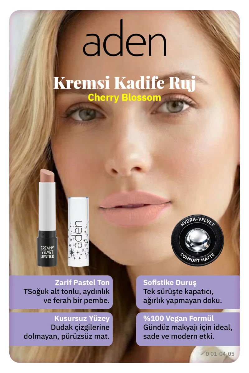 Aden Creamy Velvet Lipstick - Kremsi Kadife Ruj 05 Cherry Blossom(Kiraz Çiçeği)