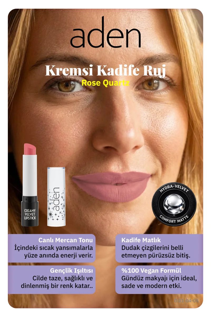 Aden Creamy Velvet Lipstick - Kremsi Kadife Ruj 06 Rose Quartz(Gül Kuvars)