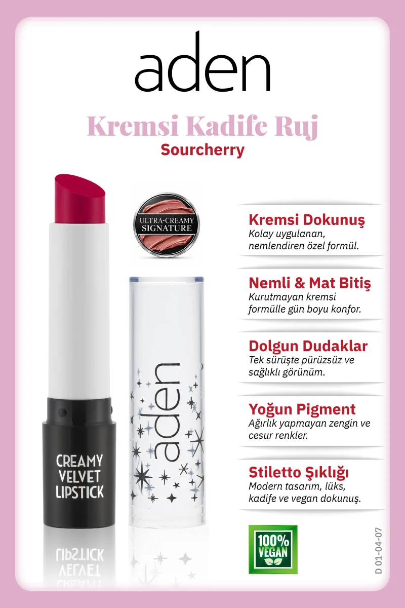 Aden Creamy Velvet Lipstick - Kremsi Kadife Ruj 07 Sourcherry(Vişne)