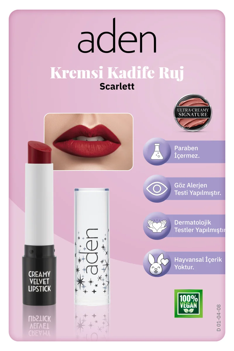 Aden Creamy Velvet Lipstick - Kremsi Kadife Ruj 08 Scarlett(Kızıl)