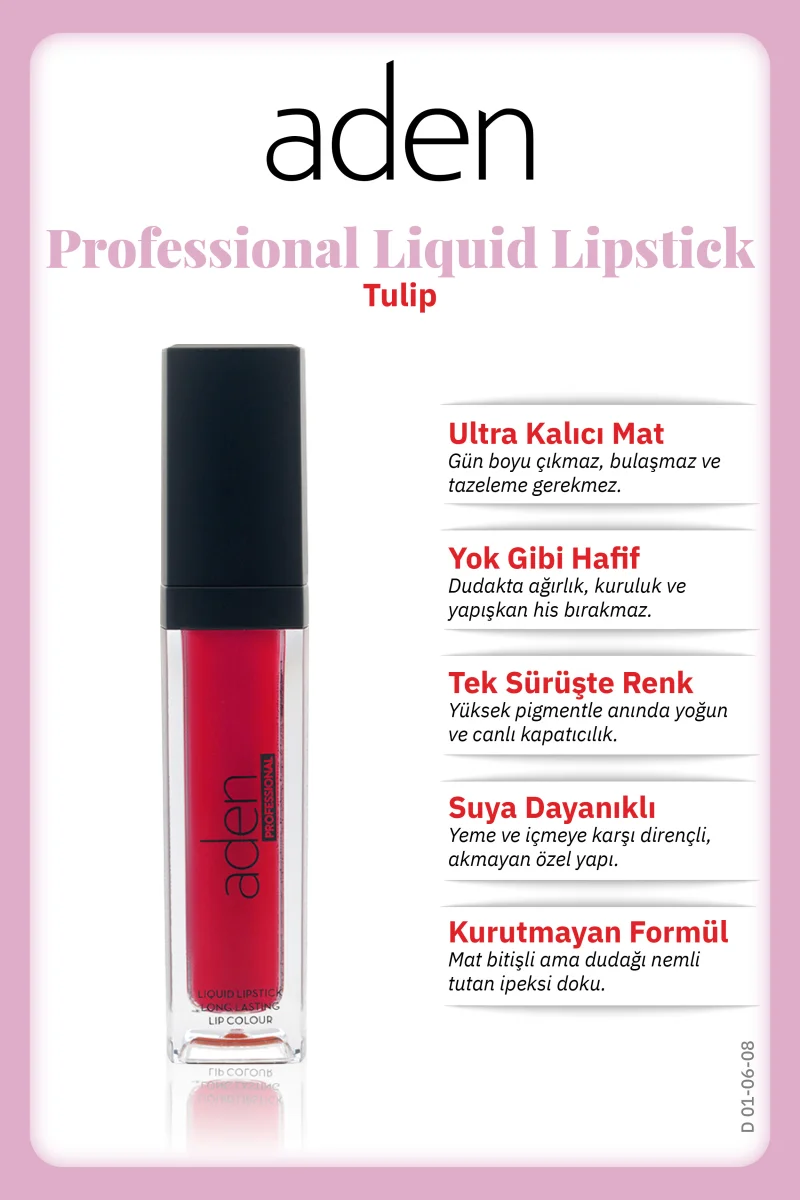 Aden Professional Liquid Lipstick - Profesyonel Likit Ruj 08 Tulip(Kırmızı)