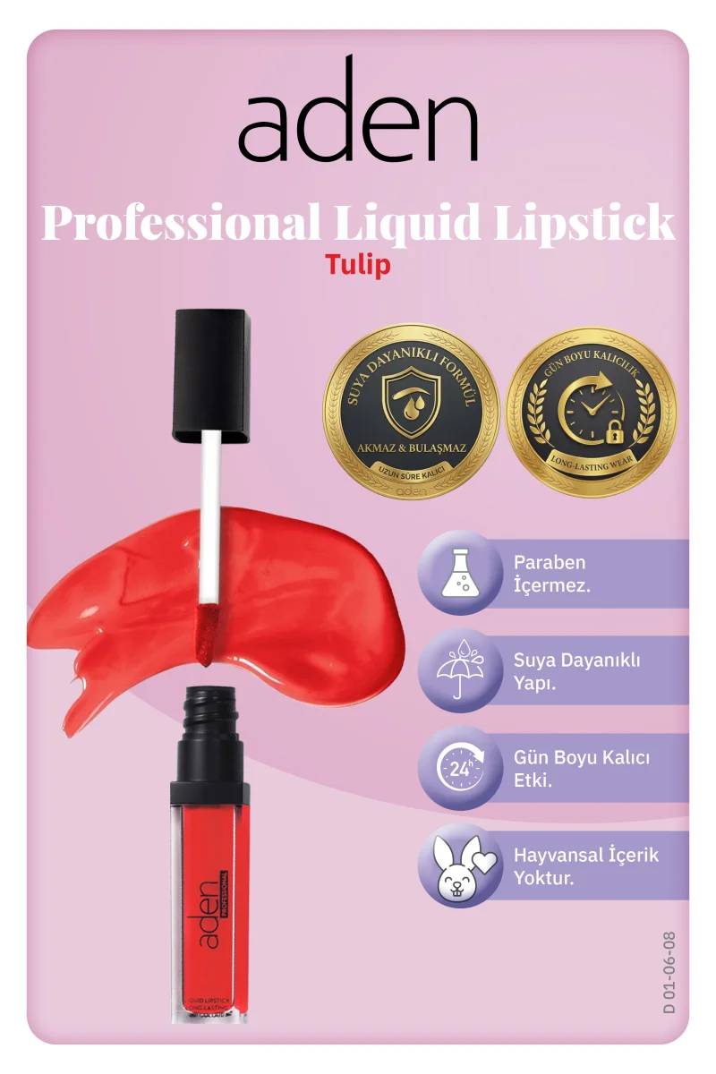 Aden Professional Liquid Lipstick - Profesyonel Likit Ruj 08 Tulip(Kırmızı)