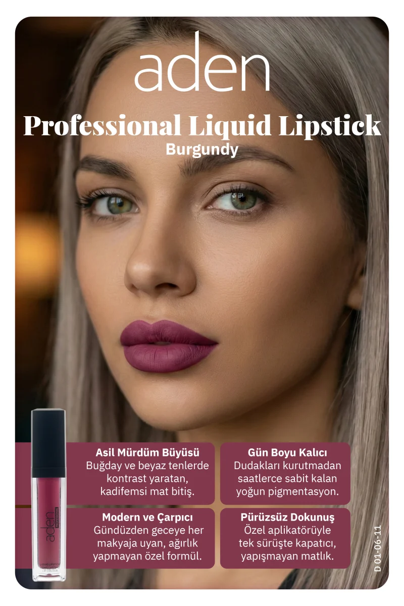 Aden Professional Liquid Lipstick - Profesyonel Likit Ruj 11 Burgundy(Bordo)
