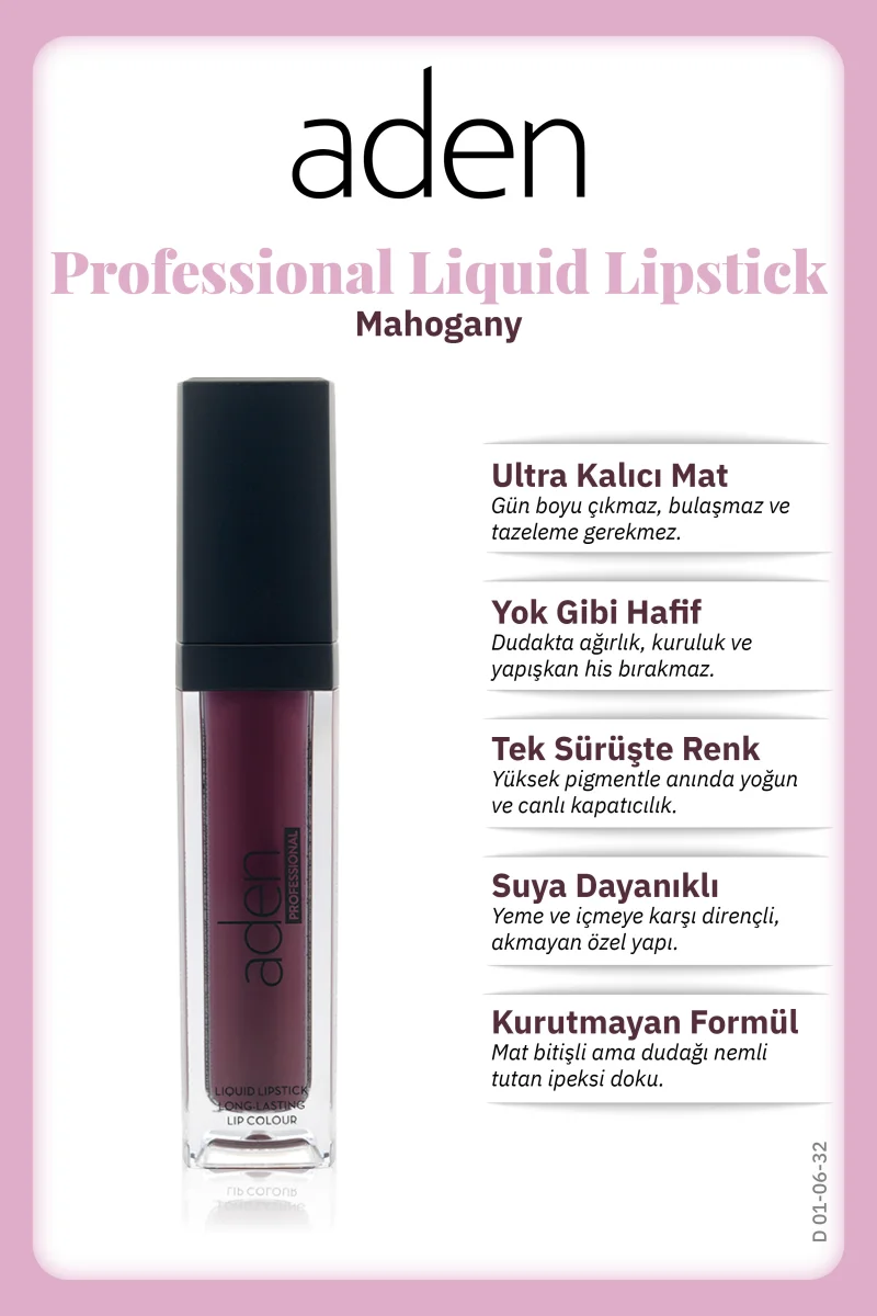 Aden Professional Liquid Lipstick - Profesyonel Likit Ruj 32 Mahogany(Kızıl Kahve)