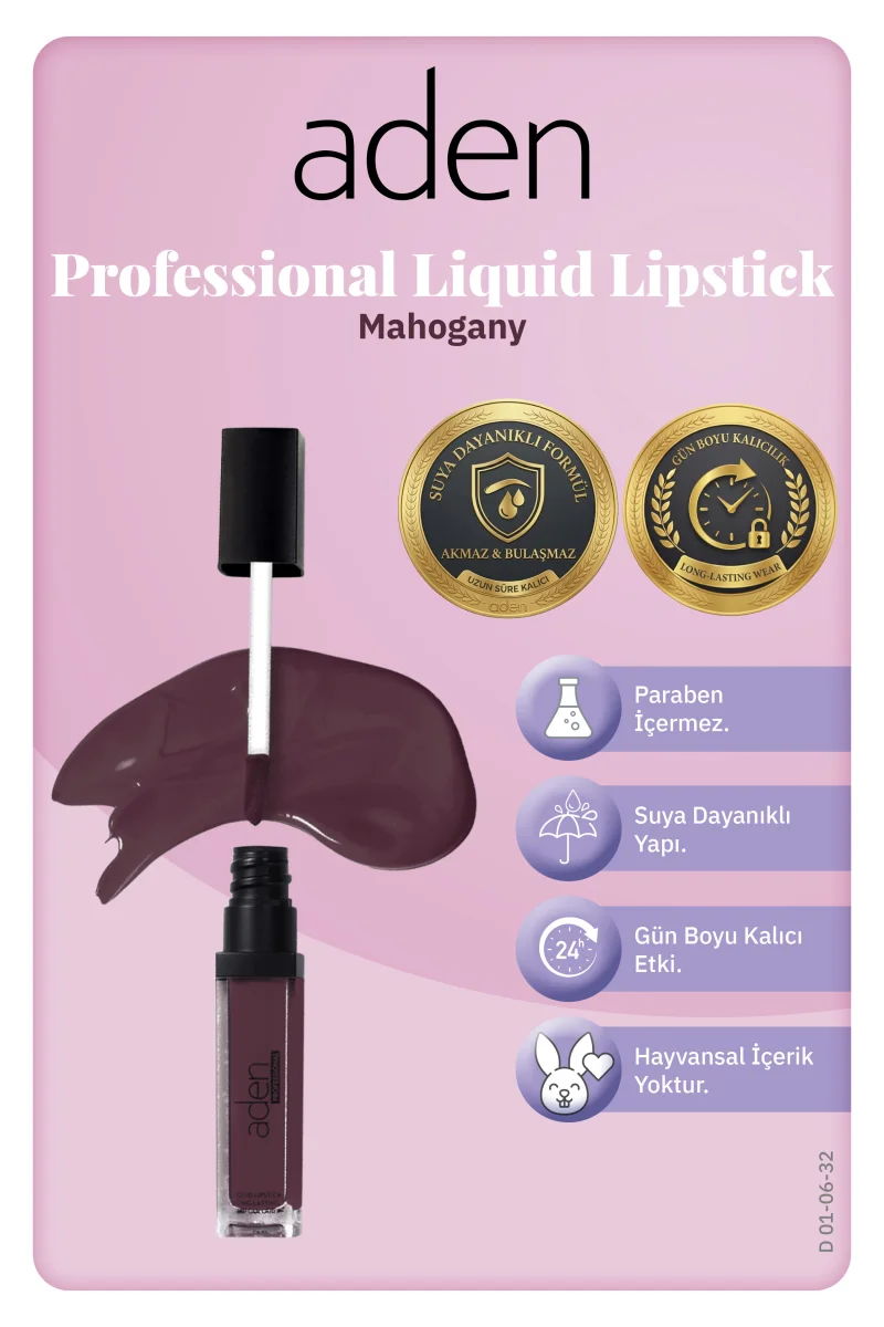 Aden Professional Liquid Lipstick - Profesyonel Likit Ruj 32 Mahogany(Kızıl Kahve)