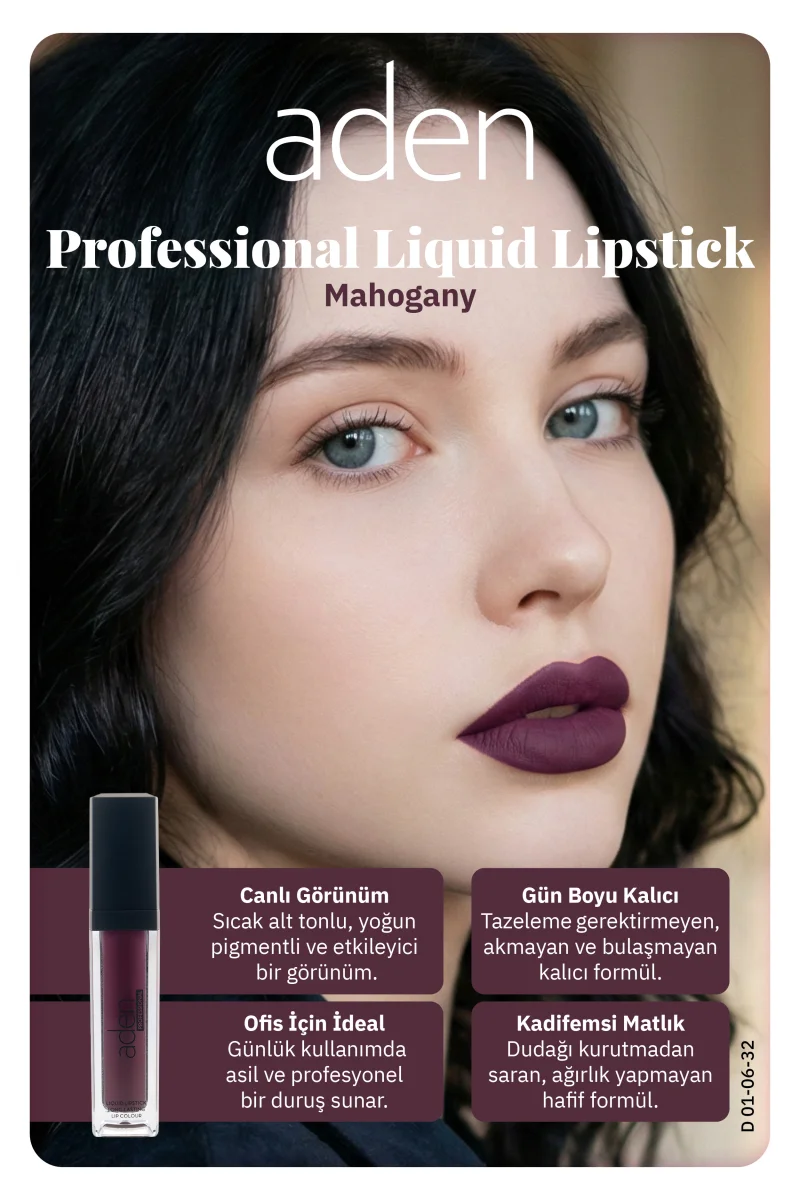 Aden Professional Liquid Lipstick - Profesyonel Likit Ruj 32 Mahogany(Kızıl Kahve)