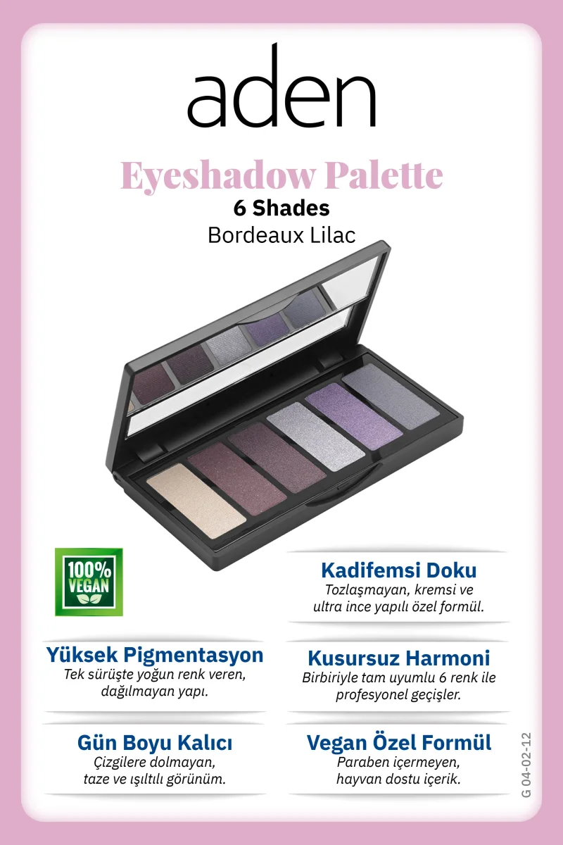 Aden Eyeshadow Palette 6 Shades - 6'lı Göz Farı Paleti Bordeaux Lilac(Mürdüm Lila)