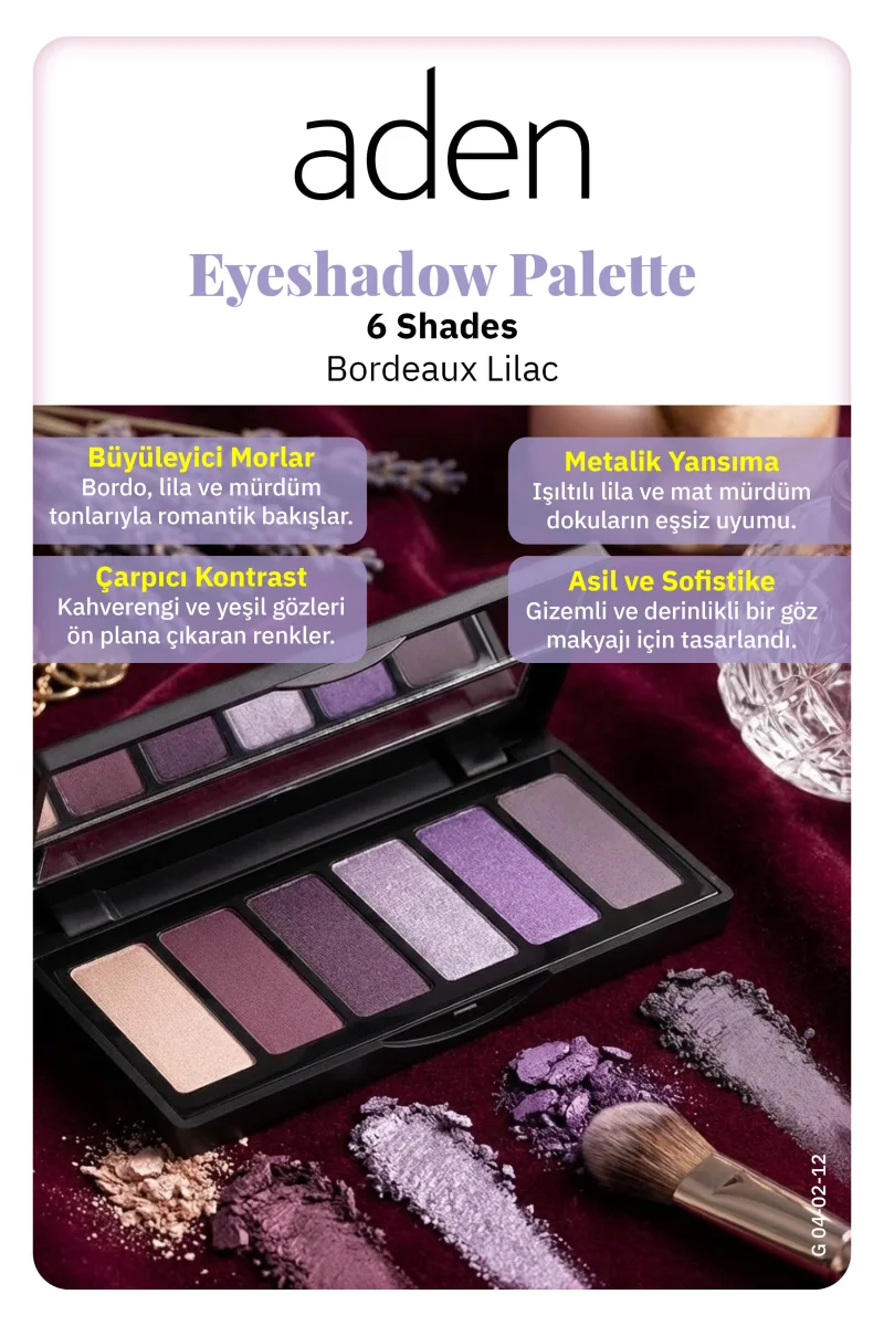 Aden Eyeshadow Palette 6 Shades - 6'lı Göz Farı Paleti Bordeaux Lilac(Mürdüm Lila)