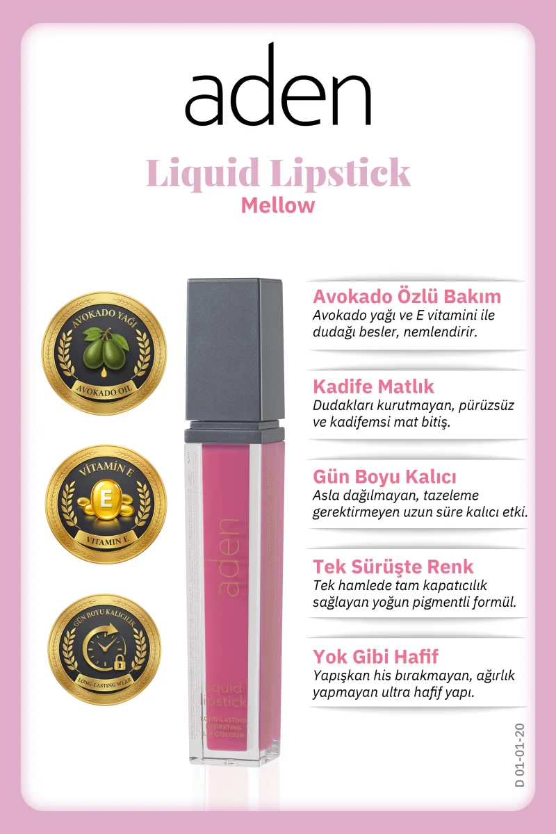 Aden Liquid Lipstick - Likit Ruj 20 Mellow(Şeker Pembe)