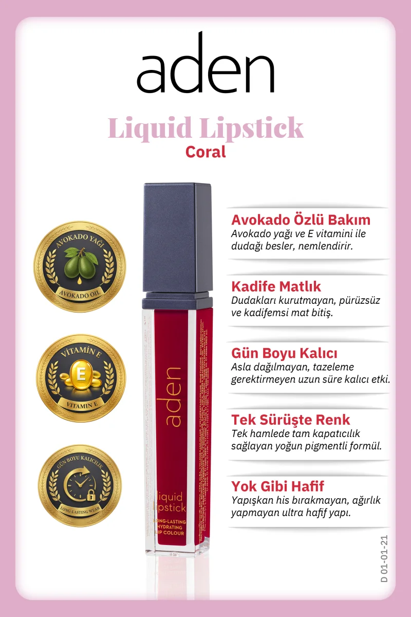 Aden Liquid Lipstick - Likit Ruj 21 Coral(Mercan)