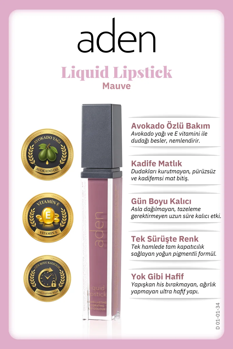 Aden Liquid Lipstick - Likit Ruj 34 Mauve(Eflatun)