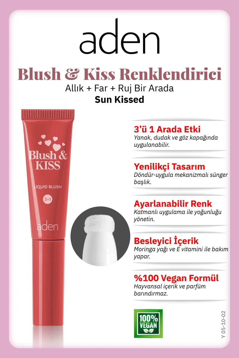 Aden 3in1 Blush & Kiss 02 Sun Kissed(Güneş Öpücüğü)