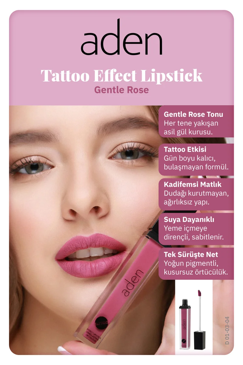 Aden Tattoo Effect Lipstick - Dövme Etkili Likit Ruj Gentle Rose(Koyu Gül Kurusu)