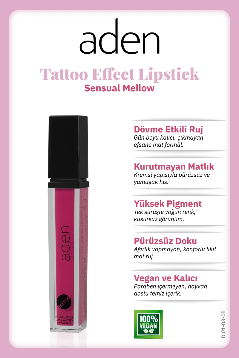 Aden Tattoo Effect Lipstick - Dövme Etkili Likit Ruj Sensual Mellow(Ahududu Pembesi)