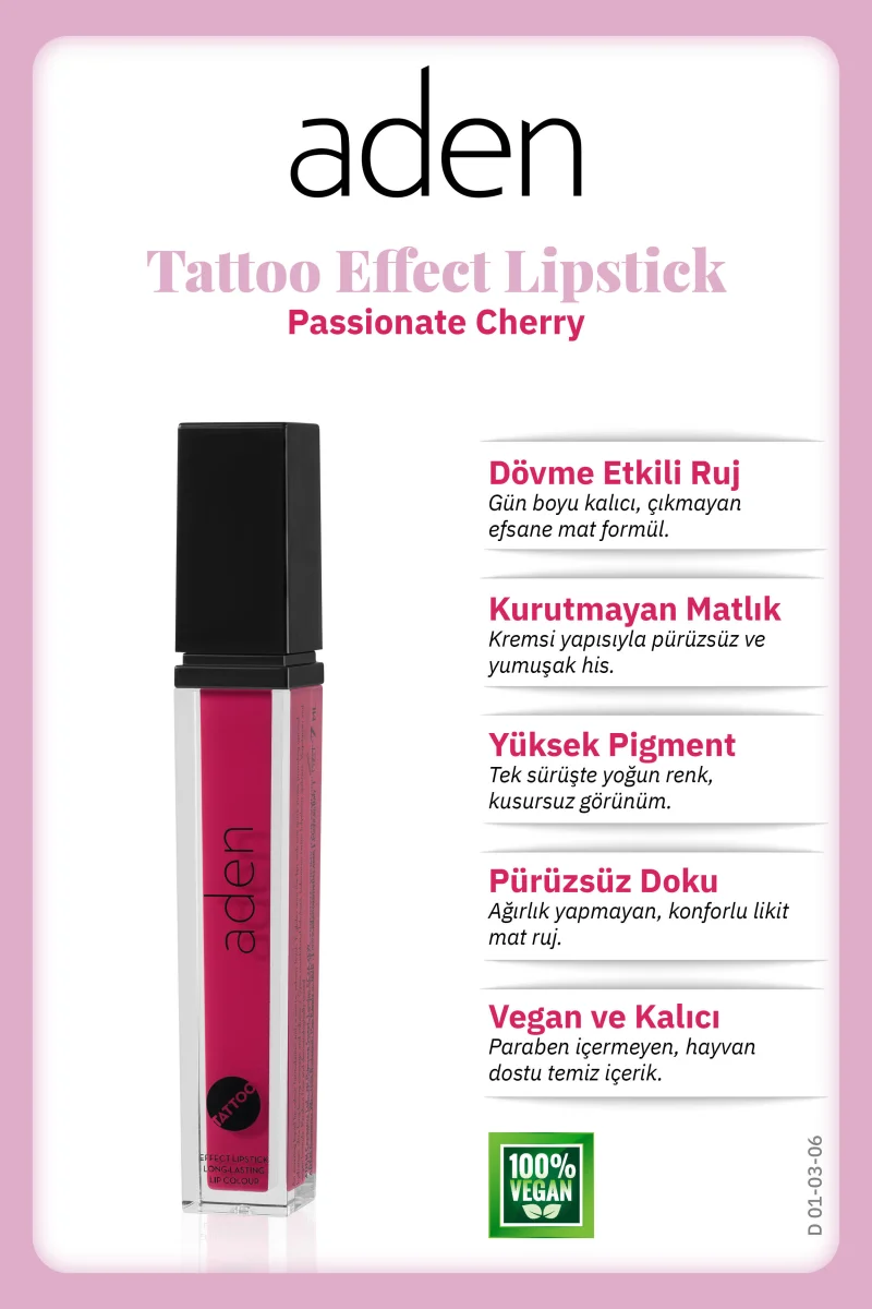 Aden Tattoo Effect Lipstick - Dövme Etkili Likit Ruj Passionate Cherry(Kiraz)