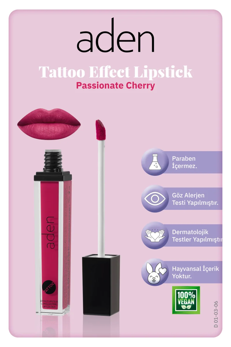 Aden Tattoo Effect Lipstick - Dövme Etkili Likit Ruj Passionate Cherry(Kiraz)