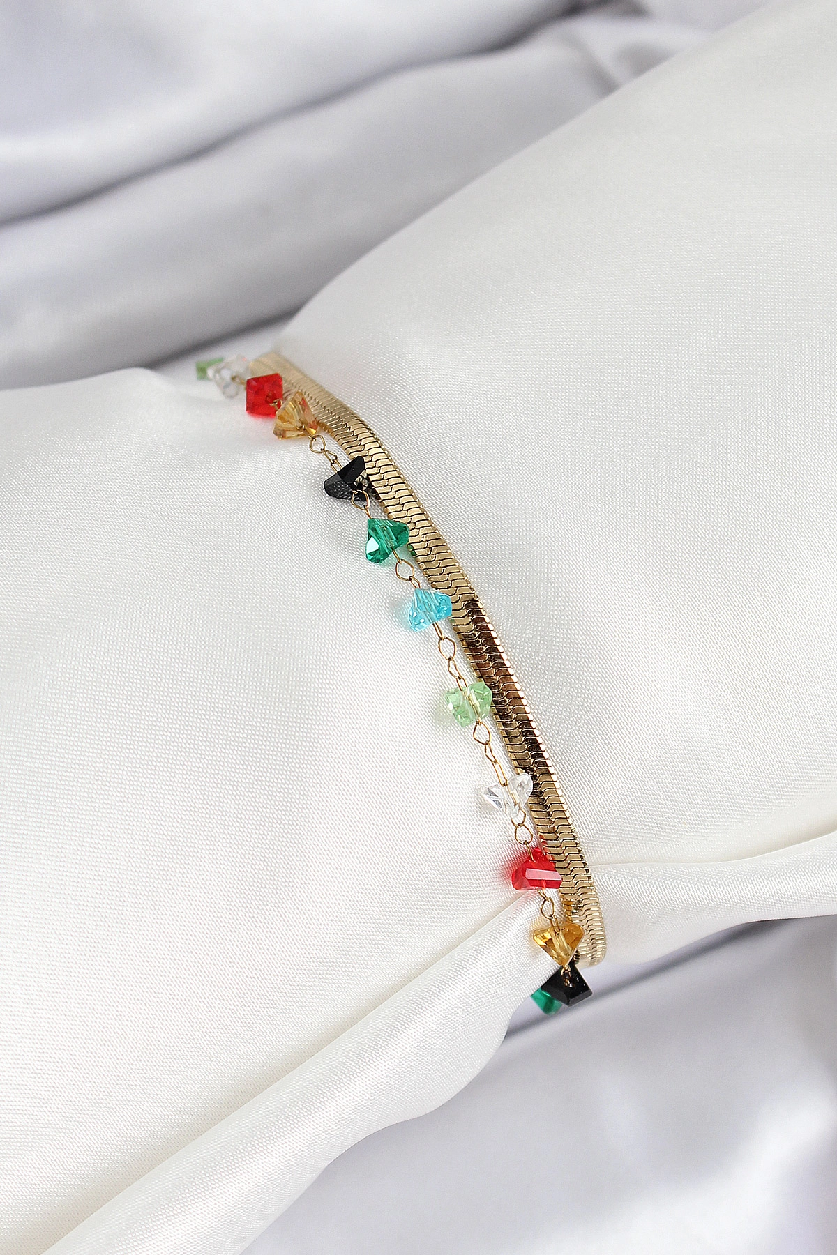 316L Çelik Gold Renk Kristal Karışık Renkli Taşlı 2'li Kadın Bileklik