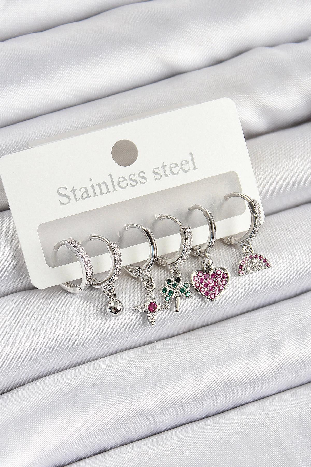 Pirinç Zirkon Taşlı Karpuz Yonca Kalp Pusula Karışık Model Gümüş Renk 6'lı Set Kadın Küpe