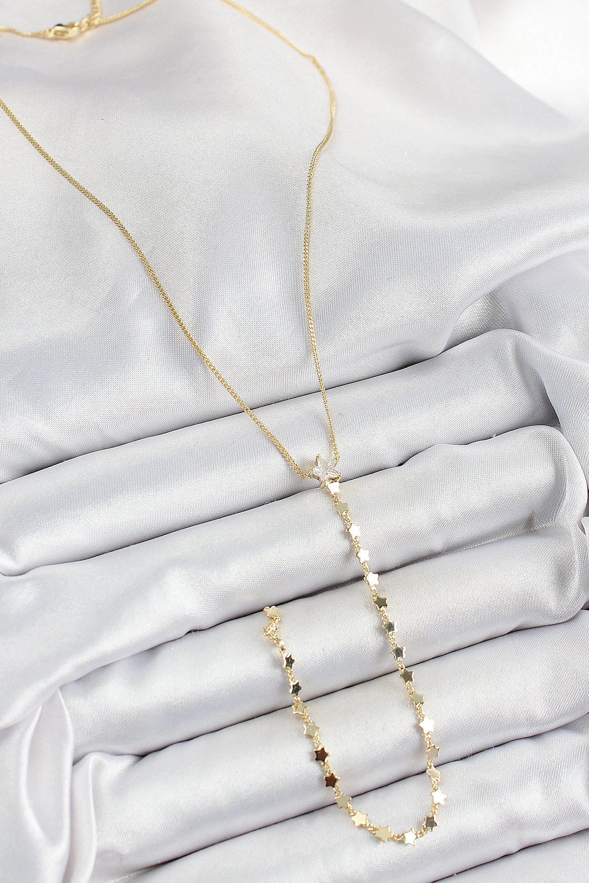 Pirinç Zirkon Taşlı Yıldız Figürlü Y Model Gold Renk Kadın Kolye