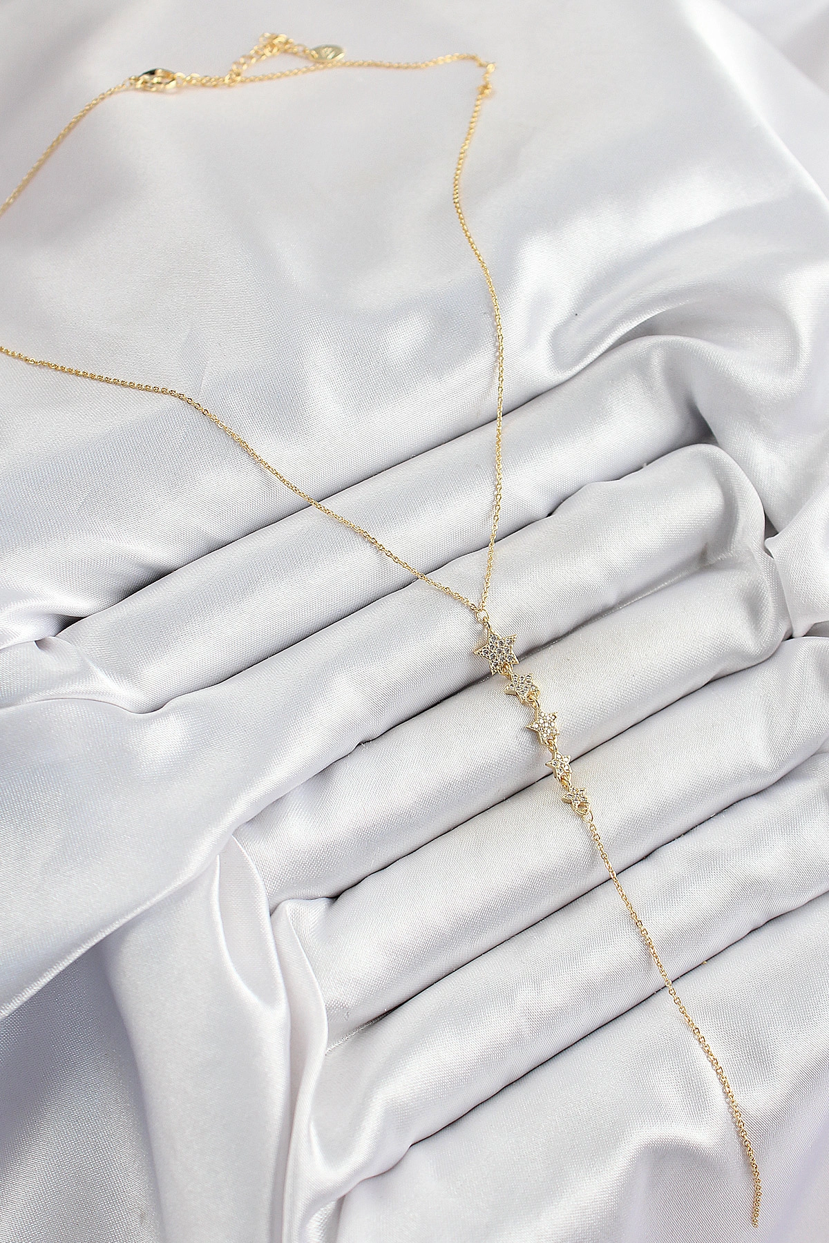 Pirinç Zirkon Taşlı Sıralı Yıldız Figürlü Y Model Gold Renk Kadın Kolye