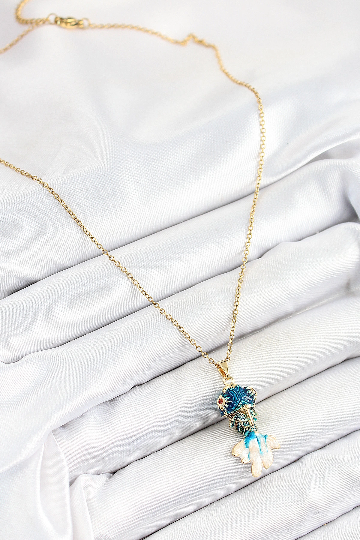 316L Çelik Zincir Mavi Balık Model Gold Renk Kadın Kolye