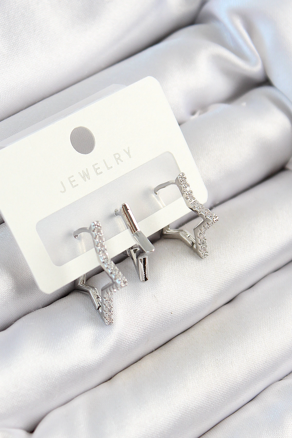 Pirinç Zirkon Taşlı Yıldız Model Gümüş Renk 3'lü Çift Kadın Küpe Set