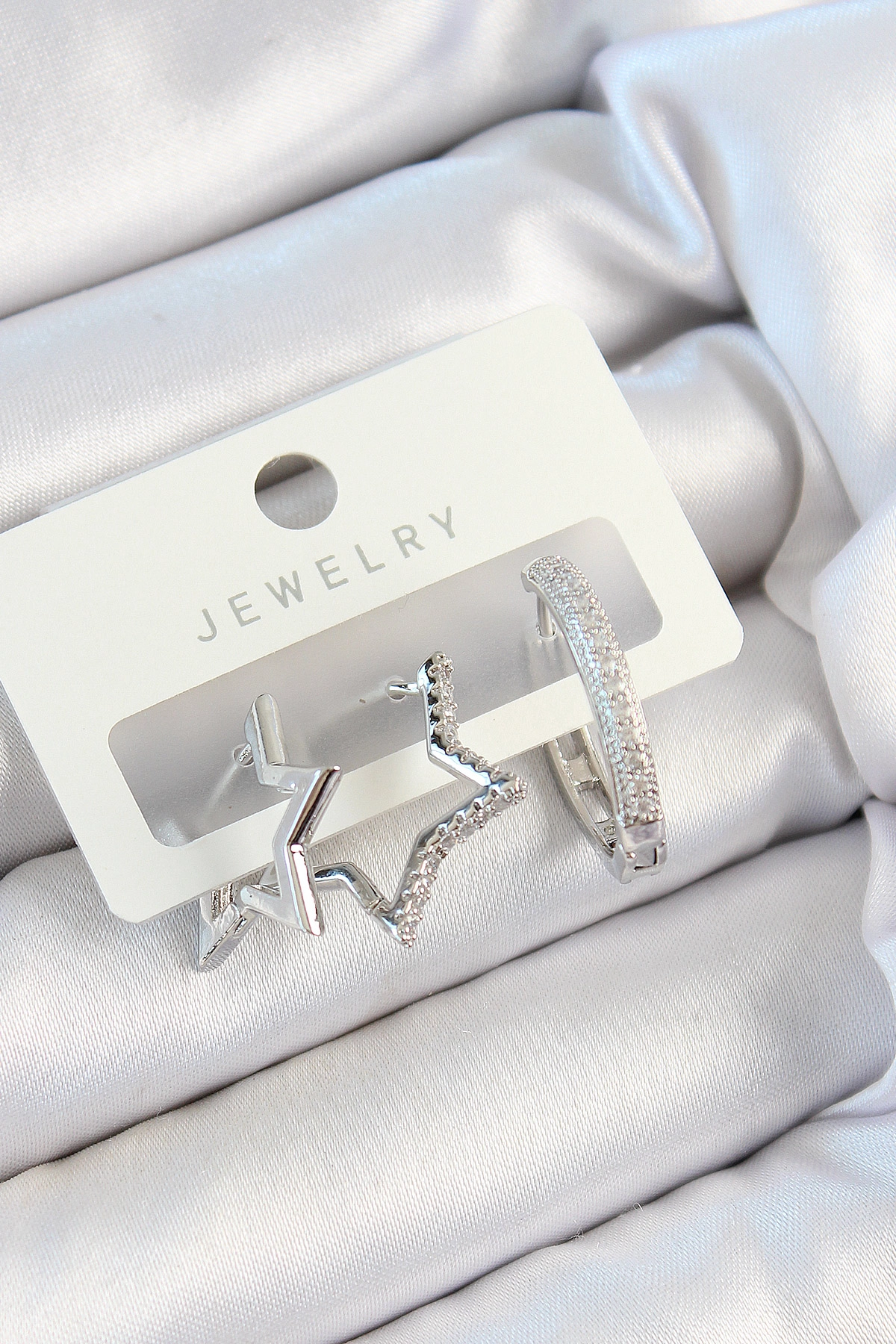 Pirinç Zirkon Taşlı Yıldız Ve Halka Model Gümüş Renk 3'lü Çift Kadın Küpe Set