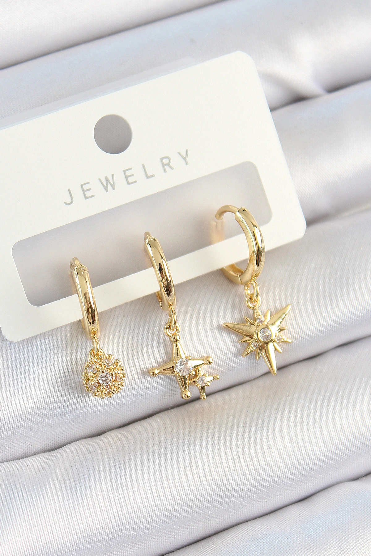 Pirinç Zirkon Taşlı Yıldız Model Gold Renk 3'lü Çift Kadın Küpe Set