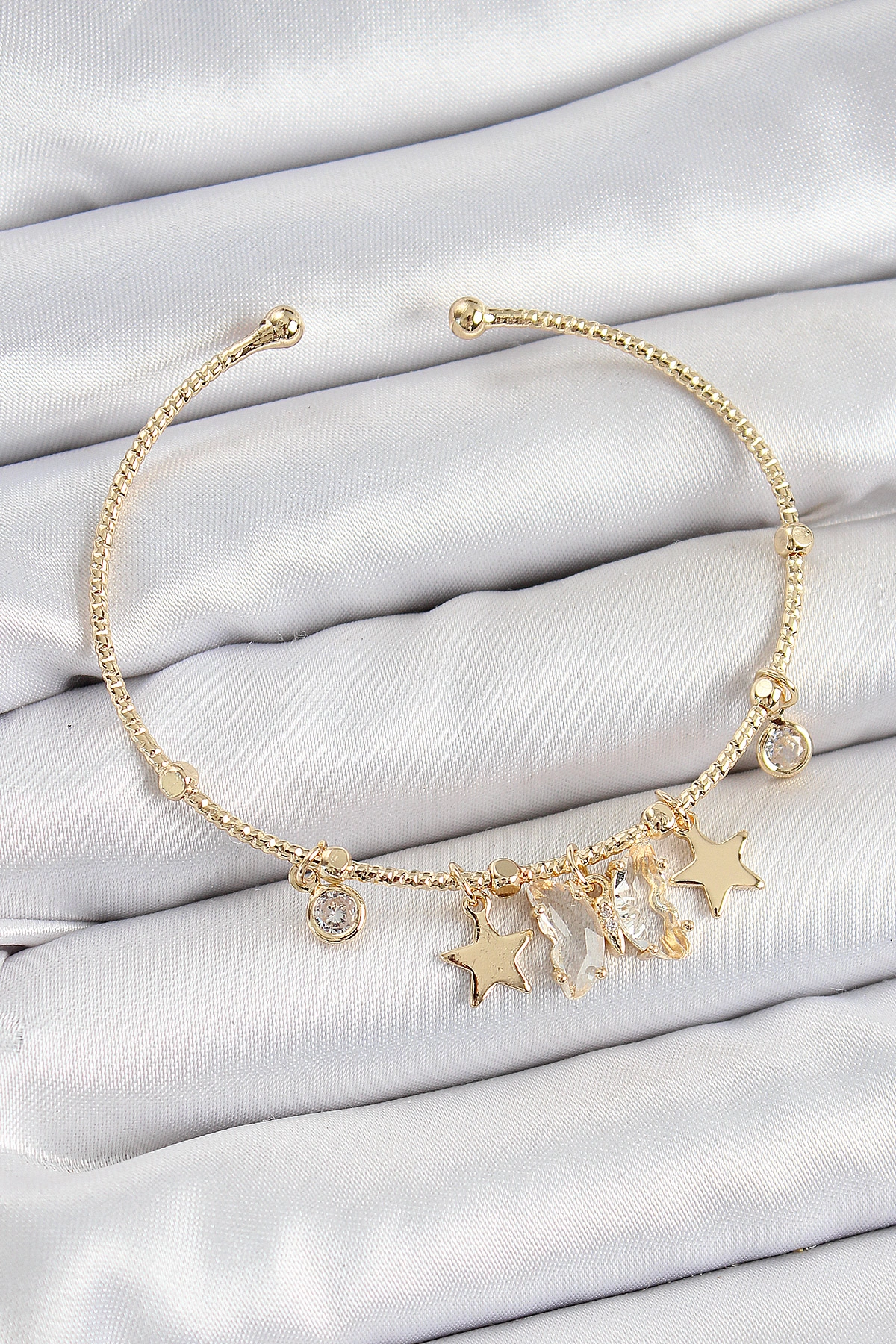 Pirinç Zirkon Taşlı Kelebek Ve Yıldız Model Gold Renk Charm Bileklik