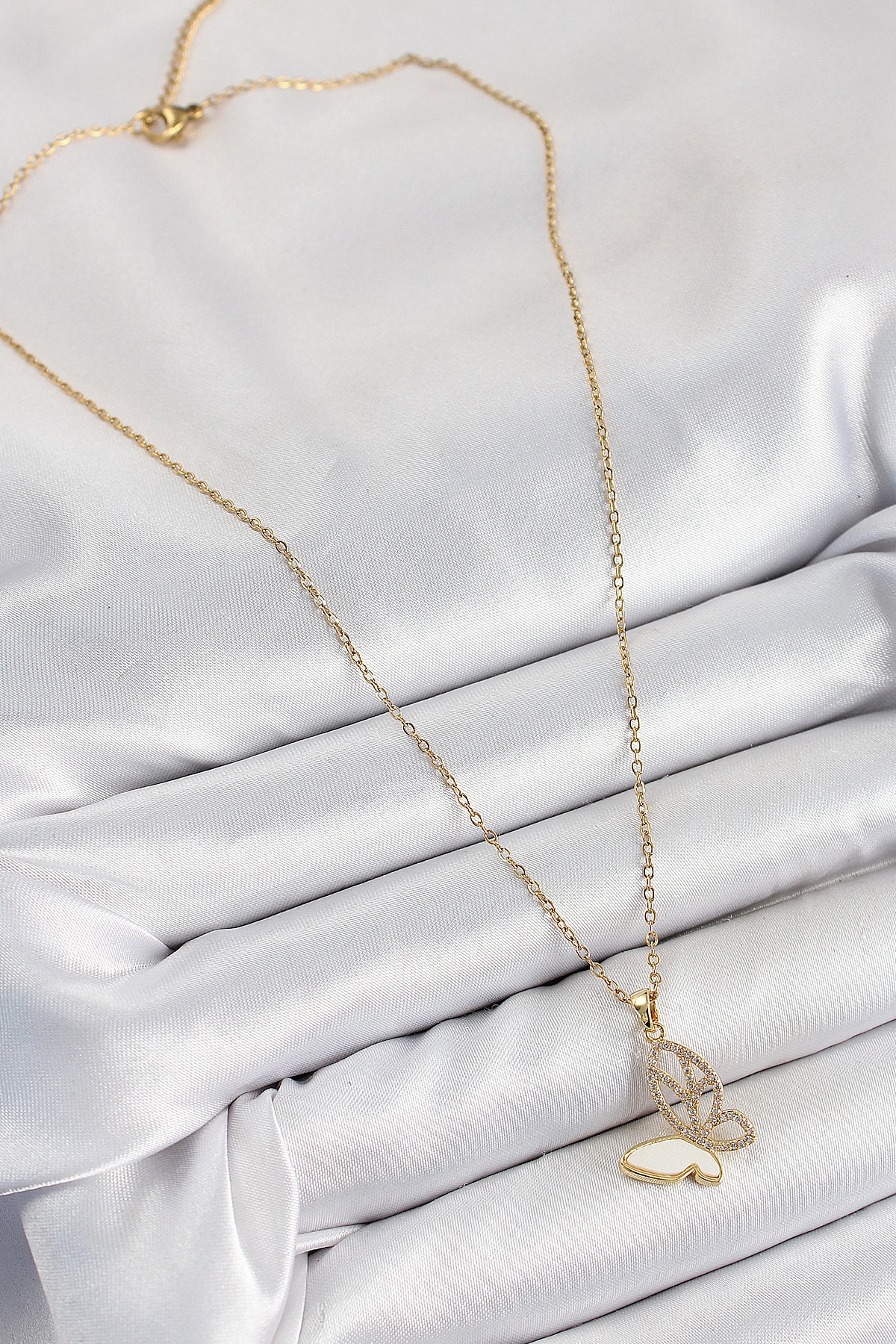 316L Çelik Zirkon Taşlı Kelebek Model Gold Renk Kadın Kolye