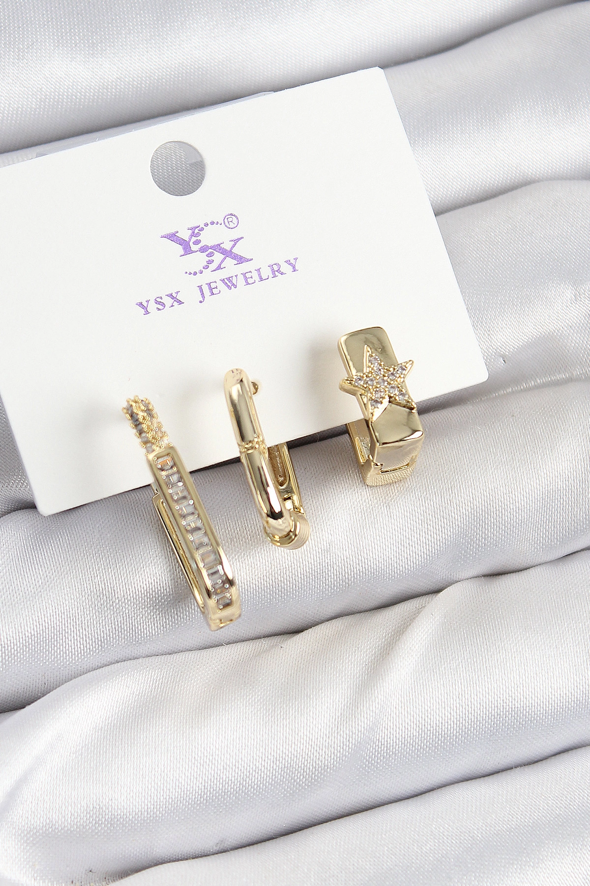 Pirinç Zİrkon Taşlı Yıldız Model Gold Renk 3'lü Kadın Küpe